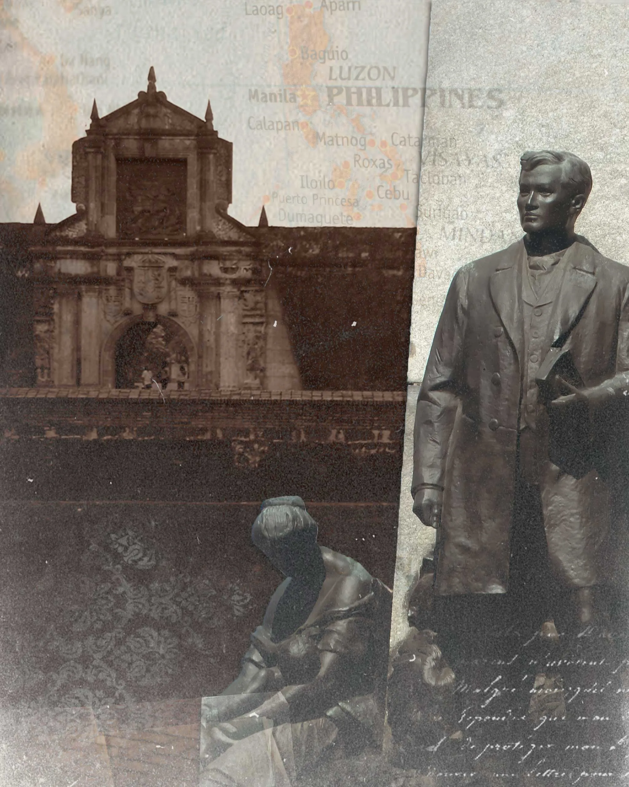 Bronze statue of a man in a suit standing beside a textured stone wall, with a faded architectural arch in the background and a faint map overlay behind him.