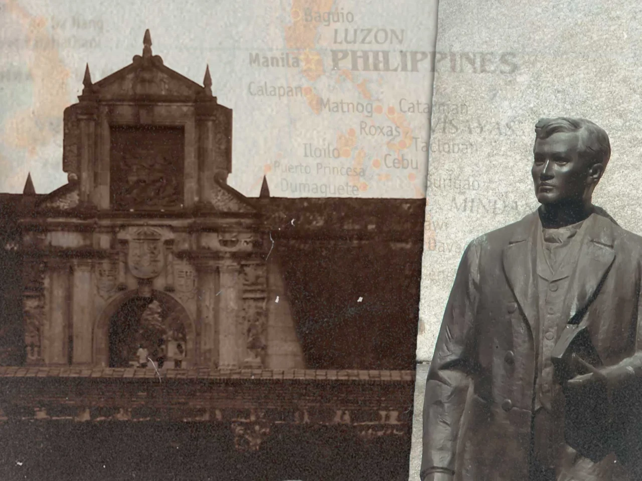 Collage showing a historic building on the left and a bust of a man on the right, overlaid with a faded map and Philippine place names.