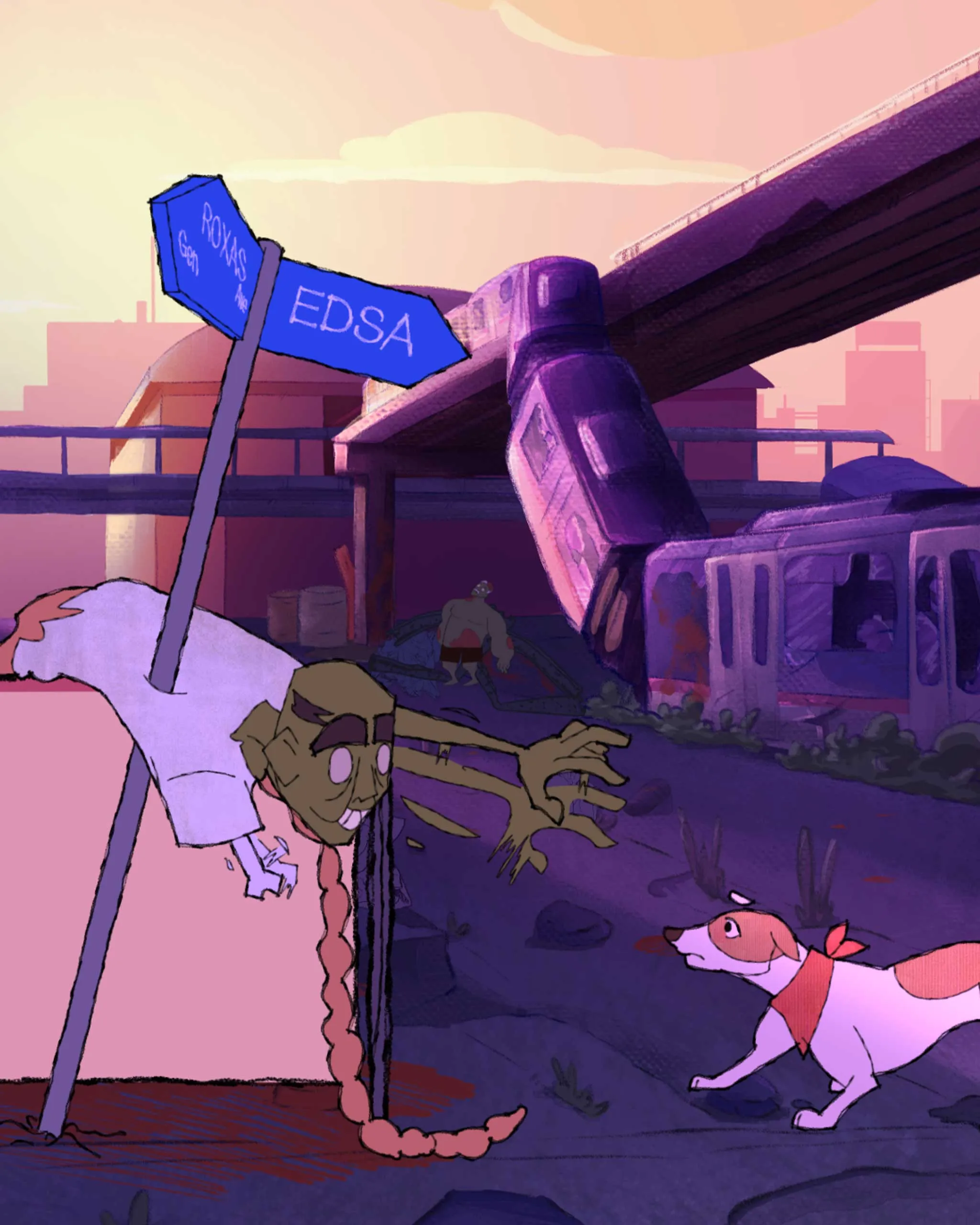 Cartoon post‑apocalyptic street at sunset with a tilted blue sign reading 'EDSA' near a wrecked vehicle under a highway overpass.