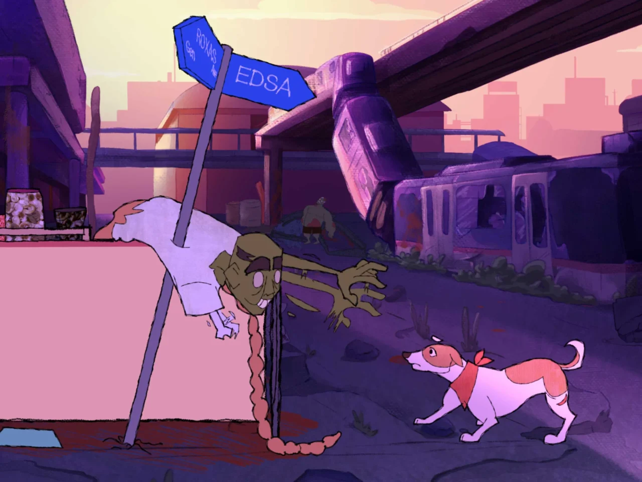 From a high-angle view, two figures in hats walk through a cluttered attic or warehouse filled with bones, papers, and scattered debris, illuminated by a bright blue beam of light.