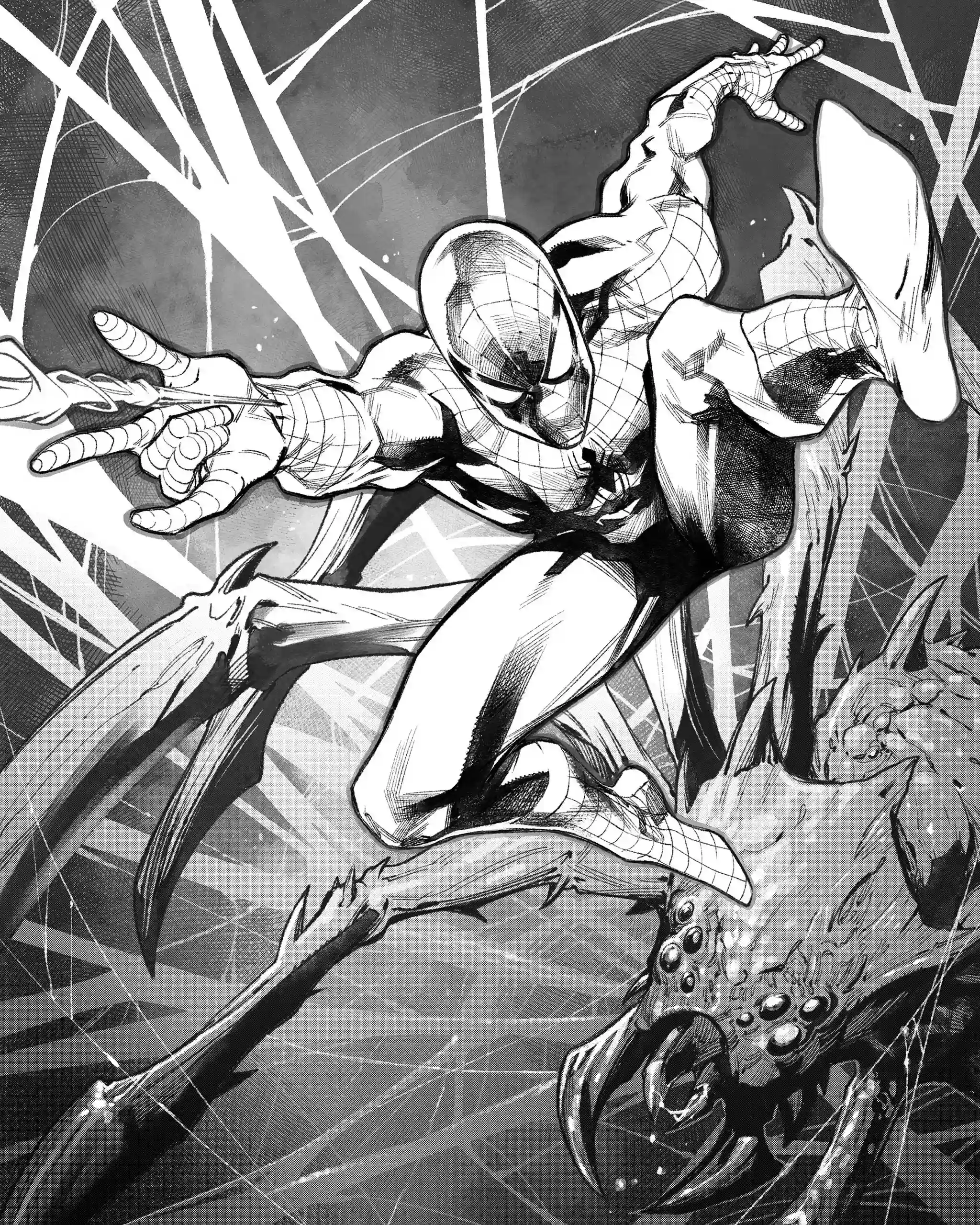 Dynamic manga panel: Spider-Man swings through a web-filled scene toward a large, fanged monster.