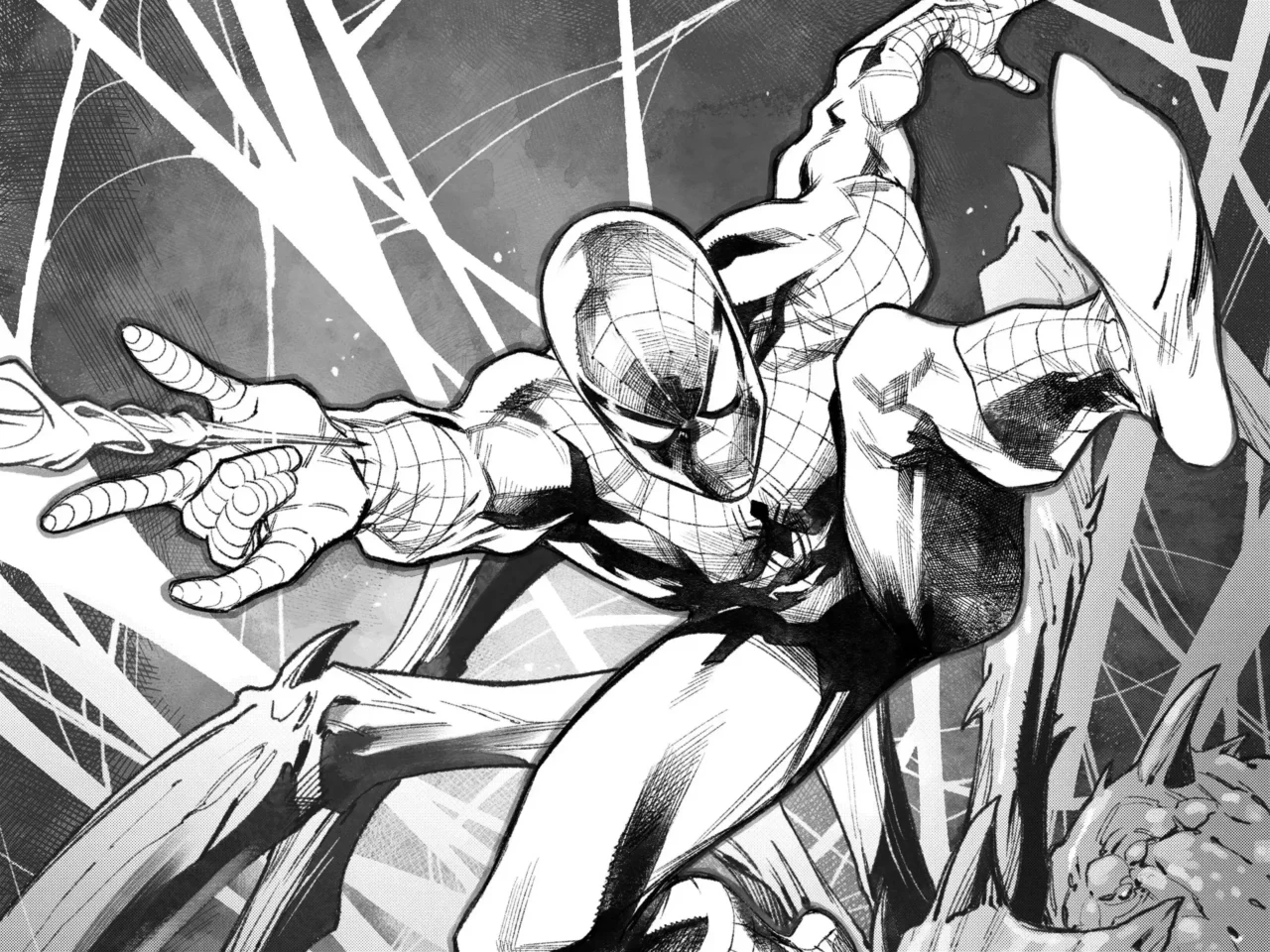 Spider-Man swings through the air in a dynamic black-and-white comic panel, shooting a web with one arm extended.