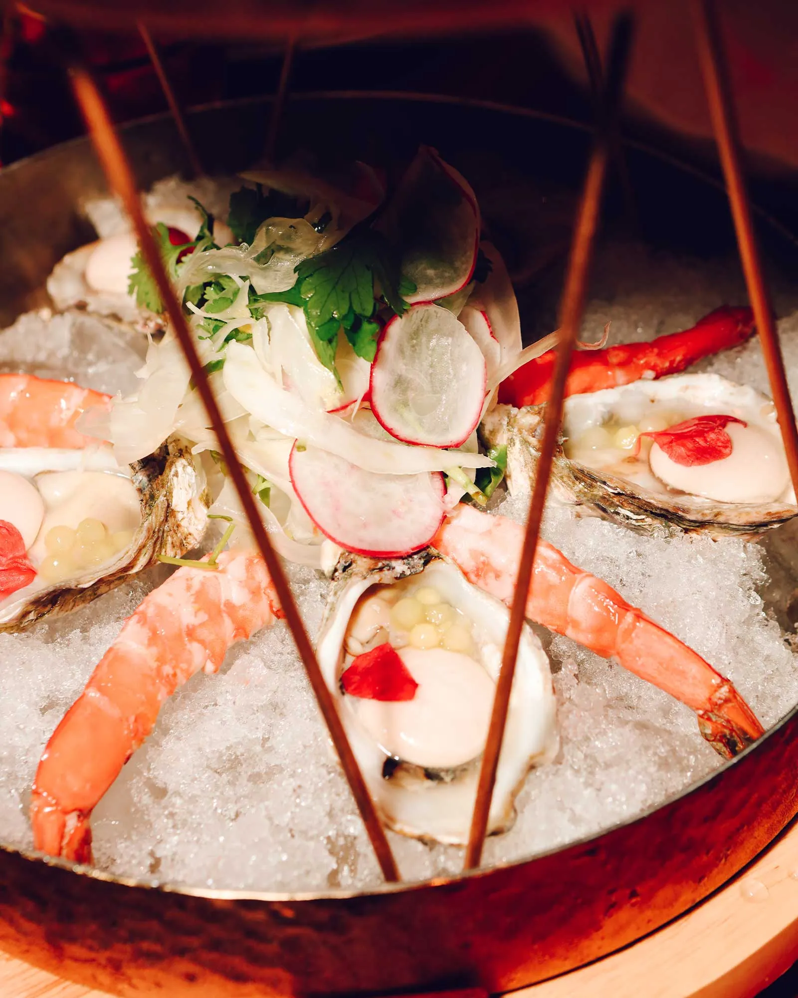 Close-up of a seafood platter on crushed ice: shrimp tails, thin radish slices, and fresh herbs like parsley atop the ice