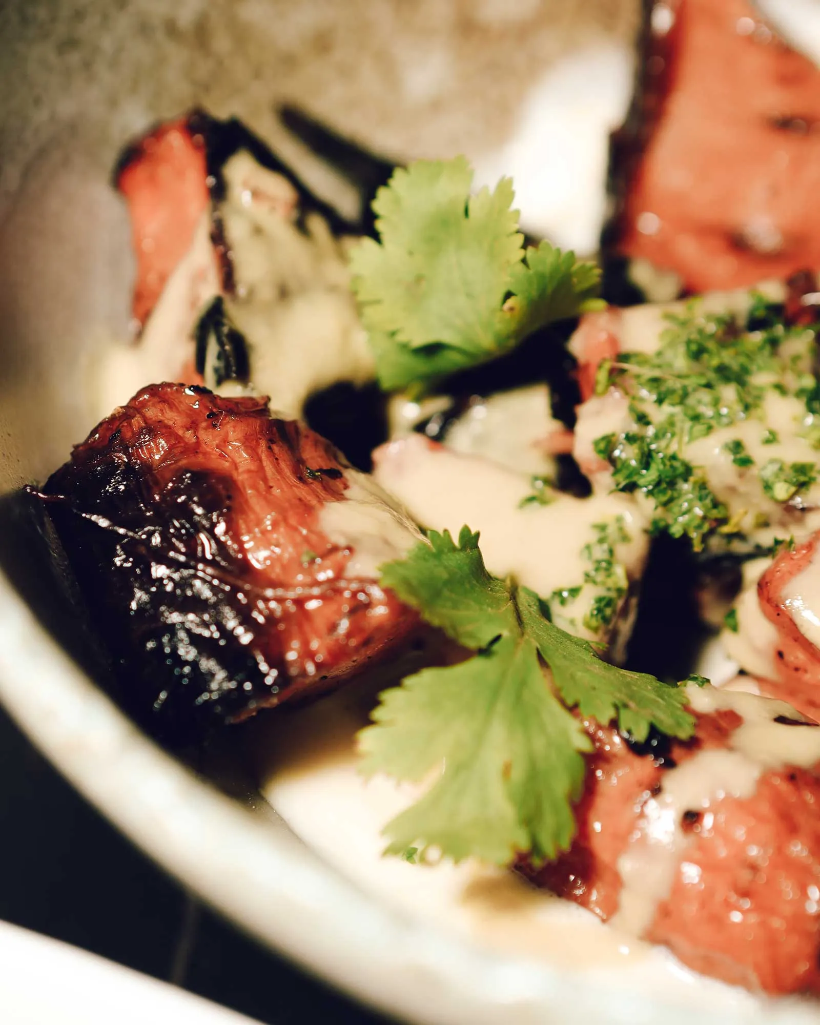 Close-up of glazed roasted meat with fresh cilantro garnish on a plate.