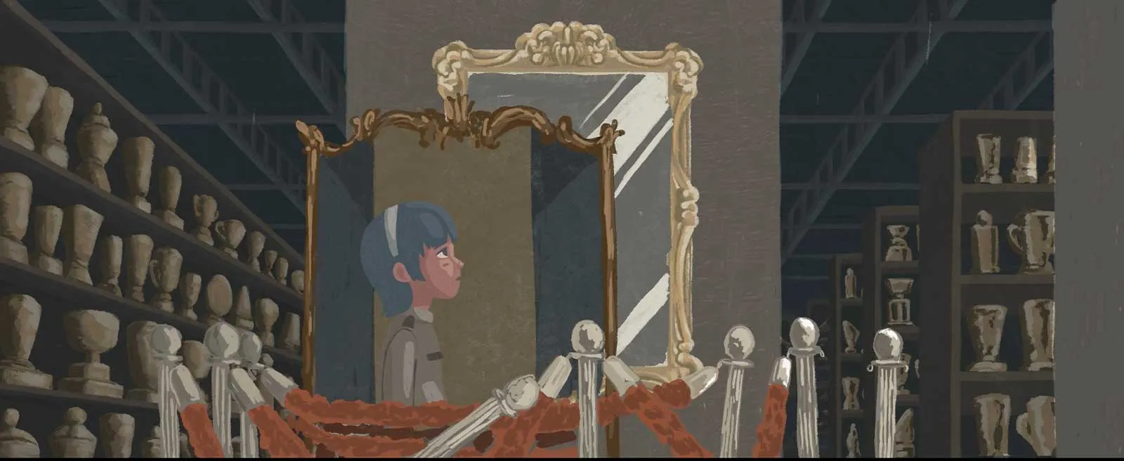 Character with blue hair looks at a large ornate mirror in a dim room filled with statue busts and shelves, ropes blocking the display