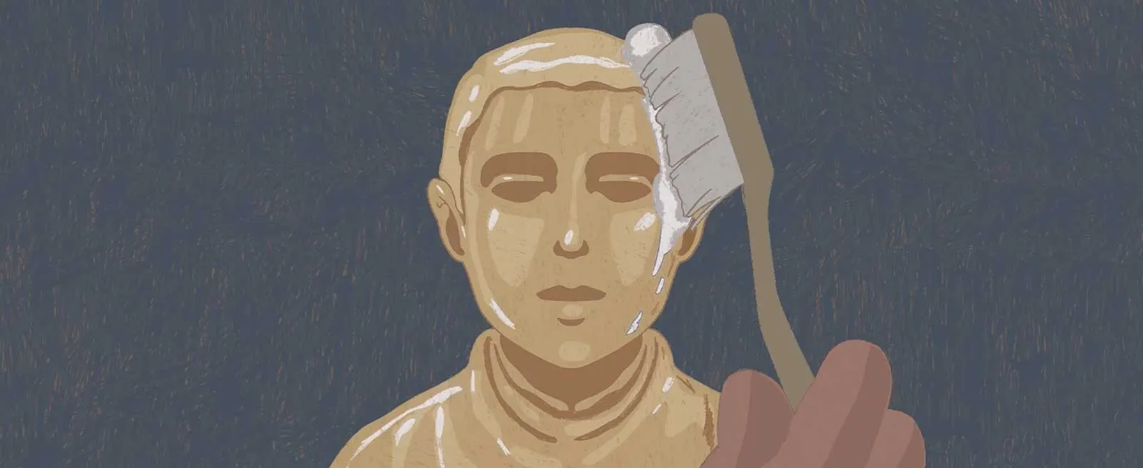 Illustration of a person with eyes closed applying a white cream to their bald head with a brush in a spa-like scene.