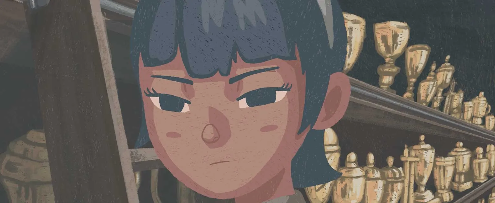 Illustrated person with blue hair glancing sideways, with a row of gold trophies on a shelf behind them.