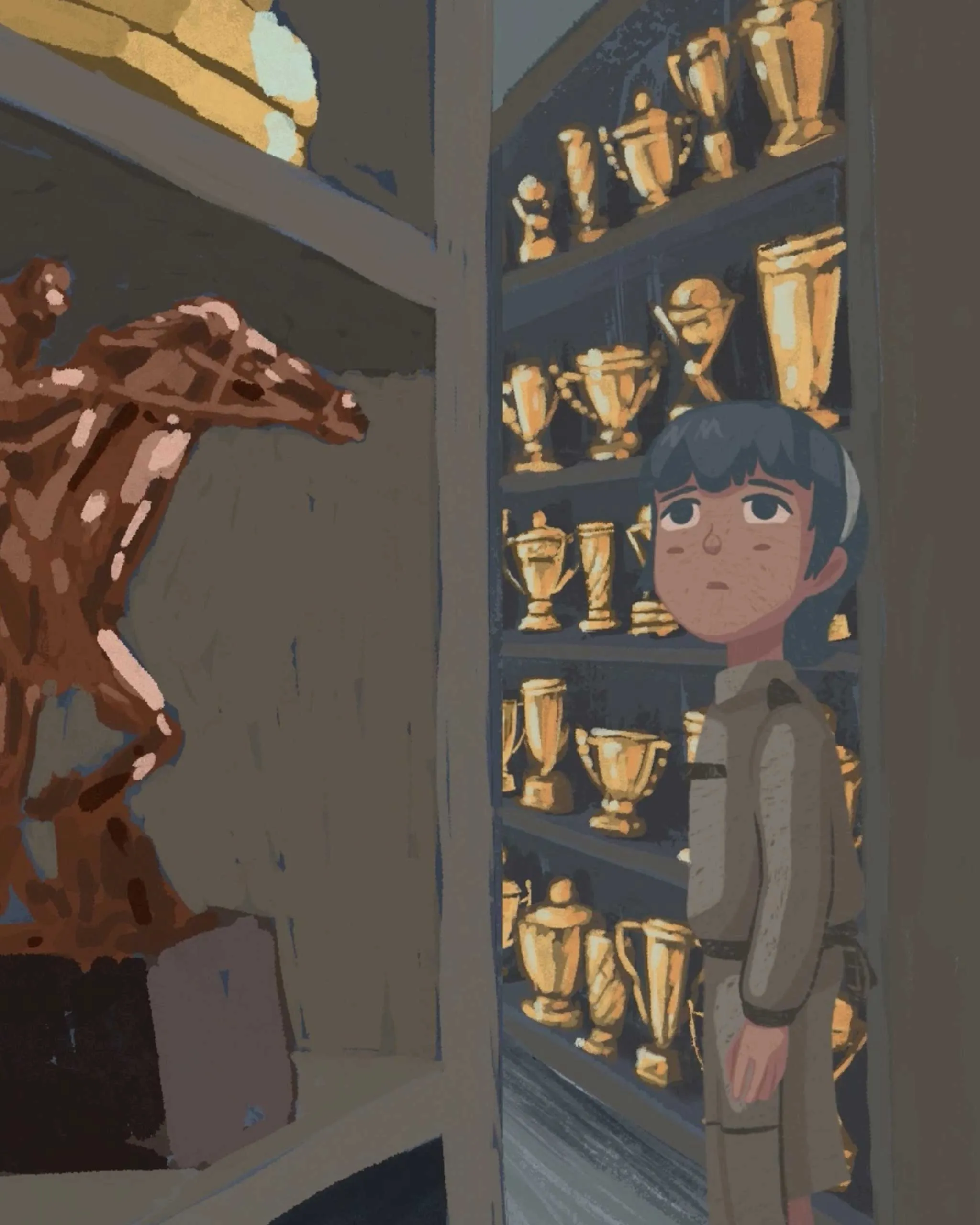 Person with dark hair stands beside a glass trophy cabinet filled with gold trophies, looking on