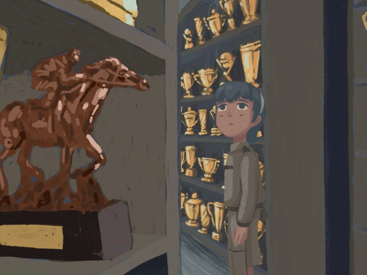 Close-up illustration of a person with blue hair looking to the side, with a row of gold trophies on a shelf in the background.