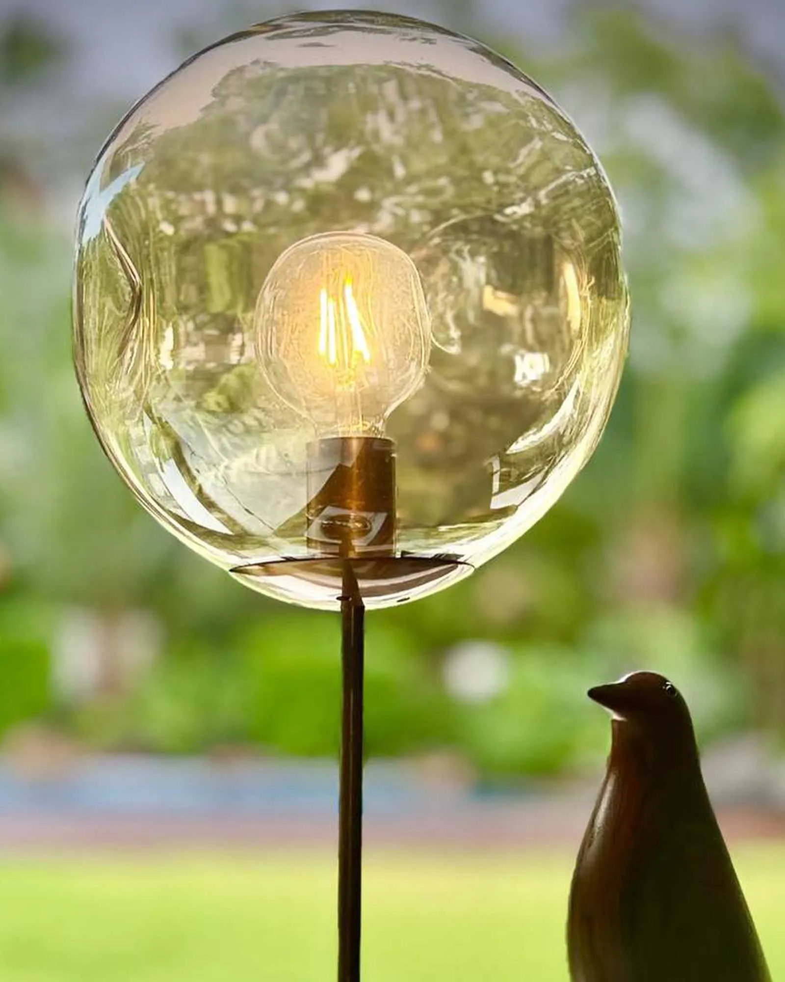 Close-up of a clear glass globe lamp on a stake outdoors, with a small bird standing nearby and looking up at the bulb.