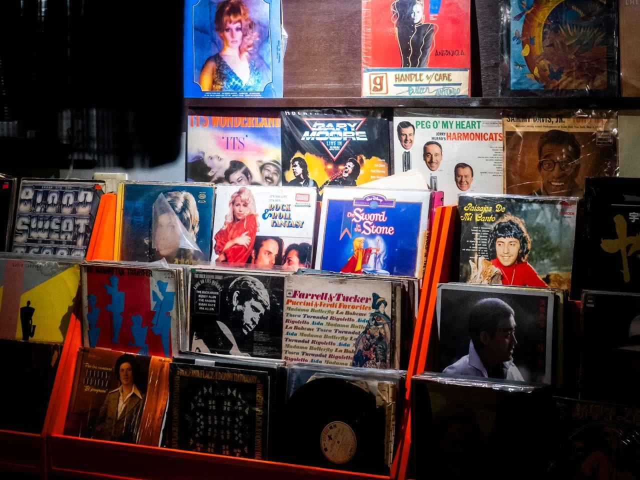 Display of colorful vinyl album covers on shelves in a record shop.