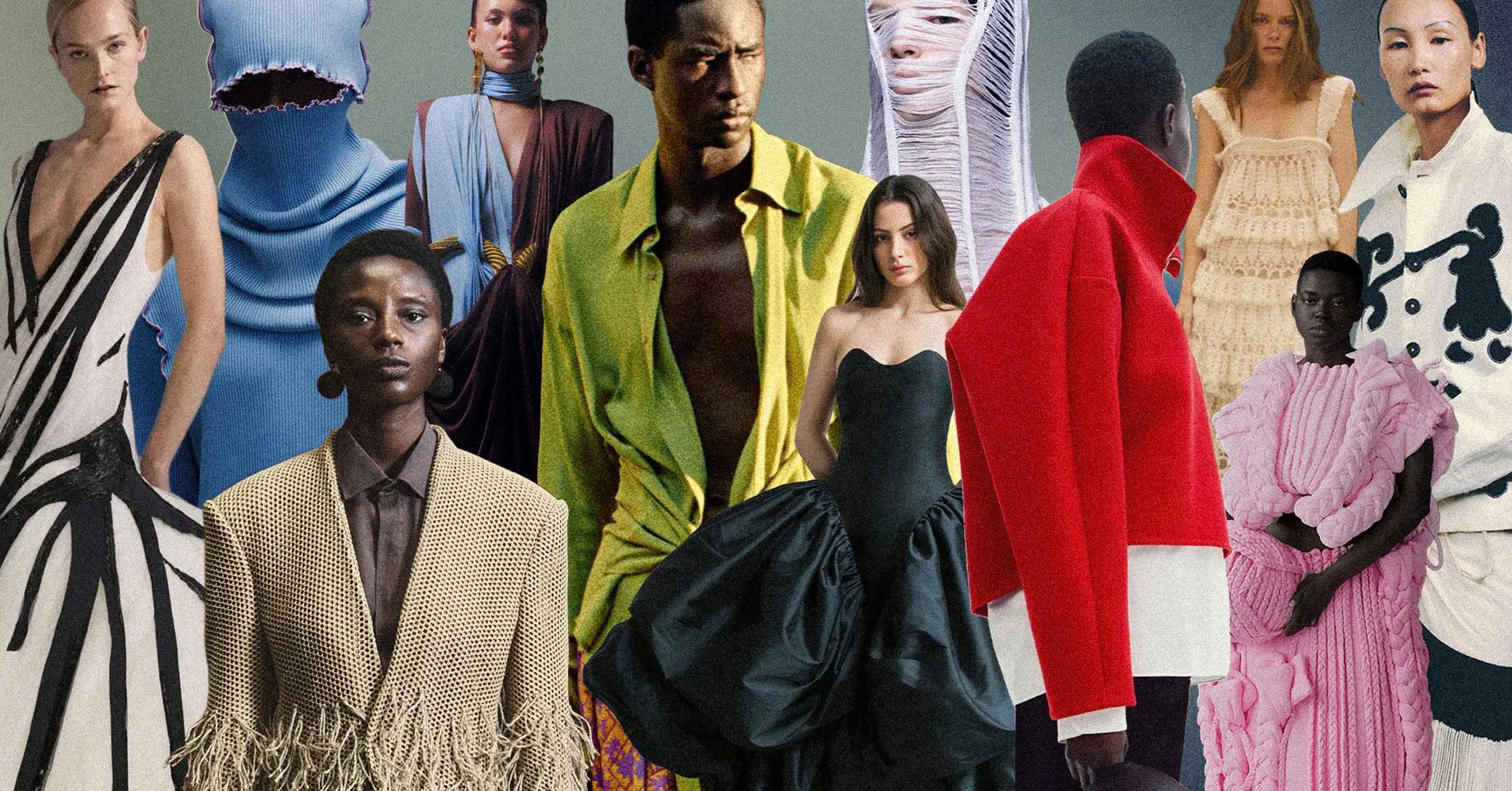Group of diverse models wearing bold, colorful high-fashion outfits in a collage-style photo.