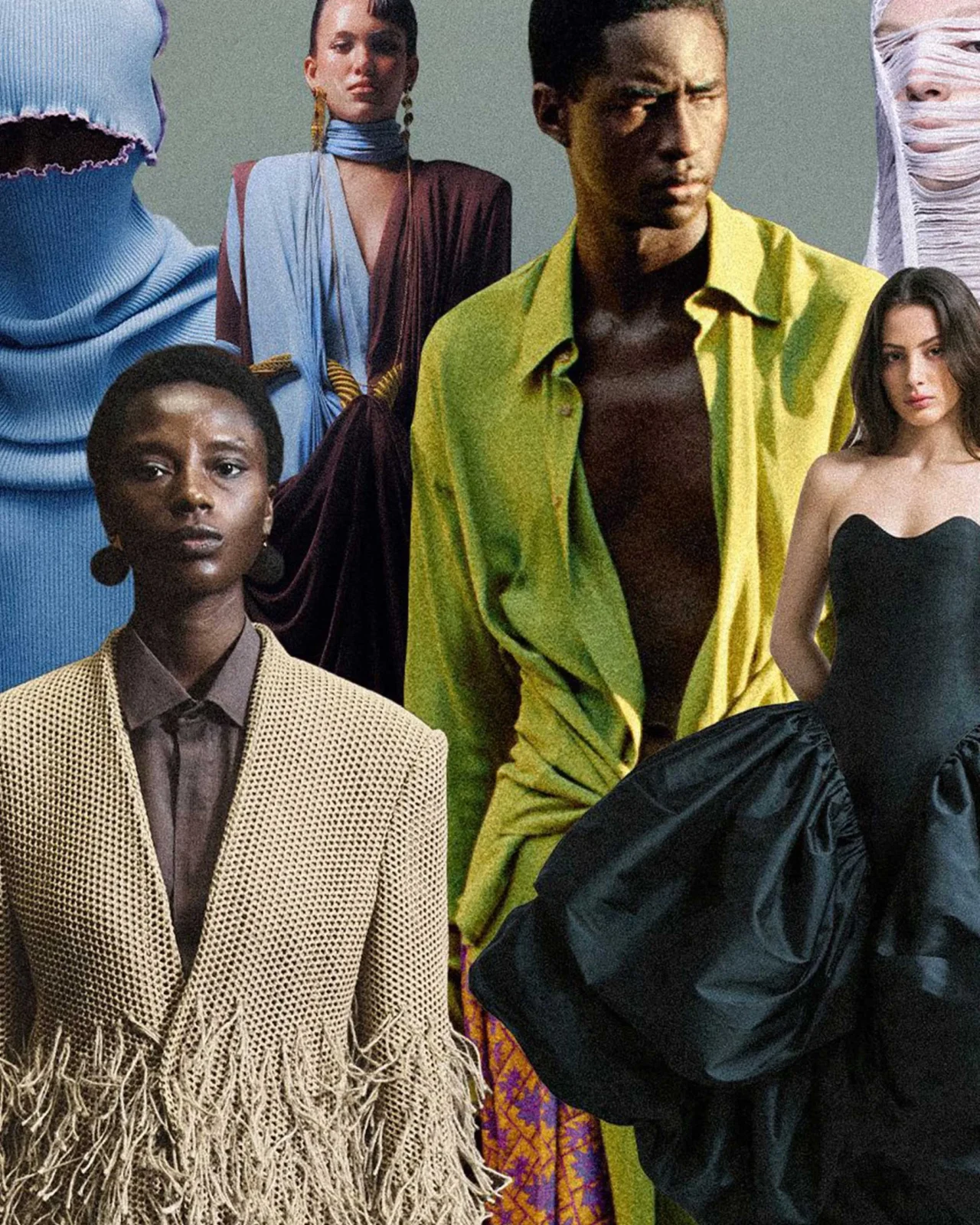 Group of diverse models wearing bold, colorful high-fashion outfits in a collage-style photo.