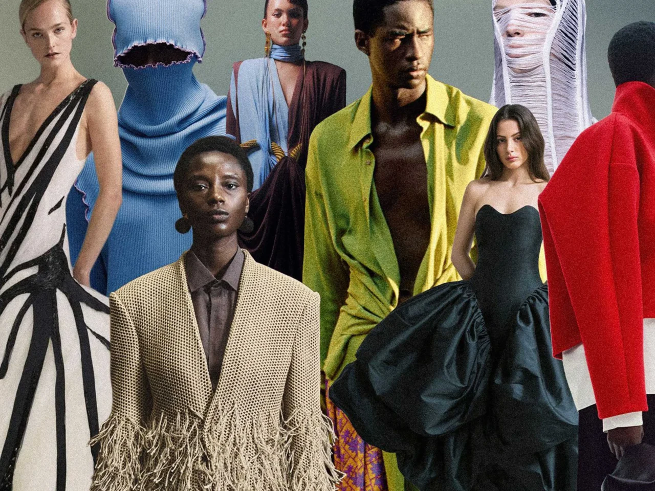 Group of diverse models wearing bold, colorful high-fashion outfits in a collage-style photo.
