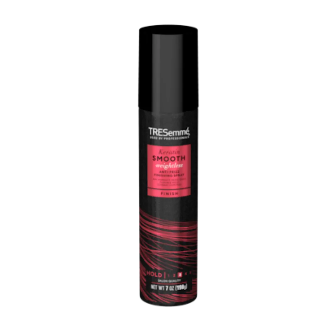 TRESemmé Keratin Smooth hairspray can with a pink label and red swirl design on a black container (7 oz).
