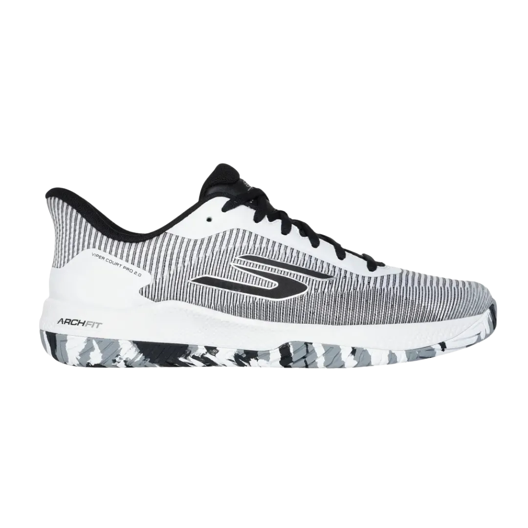 Grey and white Skechers running shoe with black laces and a patterned sole, shown in profile.