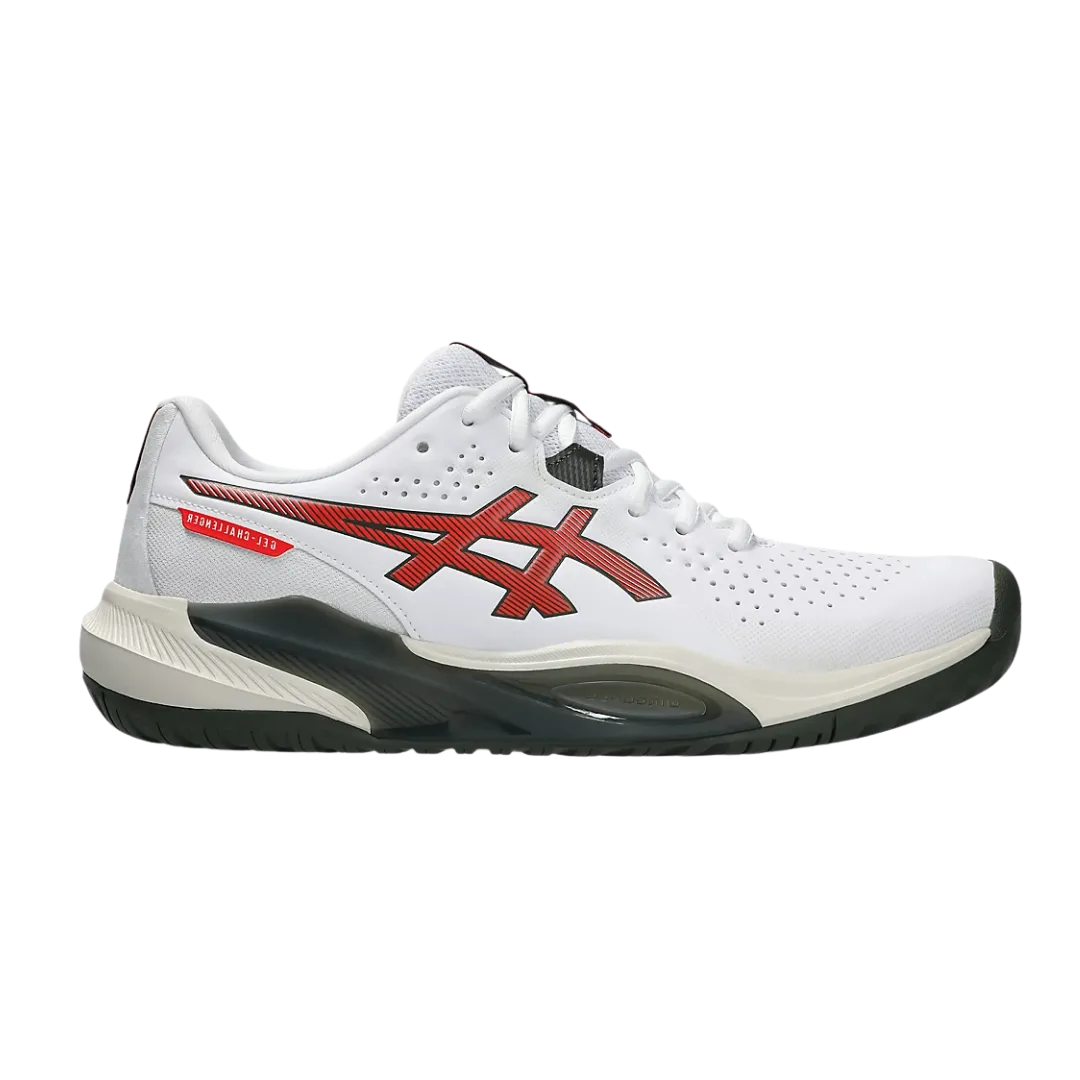 White Asics running shoe with a red logo on the side and a two-tone midsole for support.