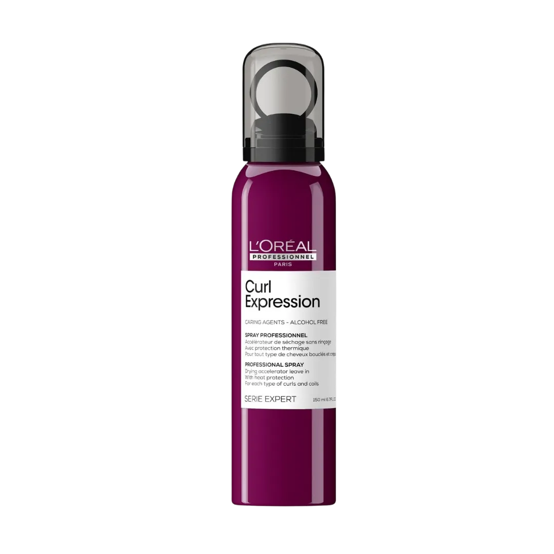 L’Oréal Professionnel Curl Expression spray bottle in purple with a clear spray cap, shown upright on black background.