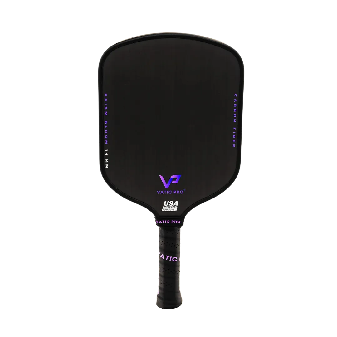 Vatic Pro pickleball paddle with a black blade and purple logo, mounted on a handle.