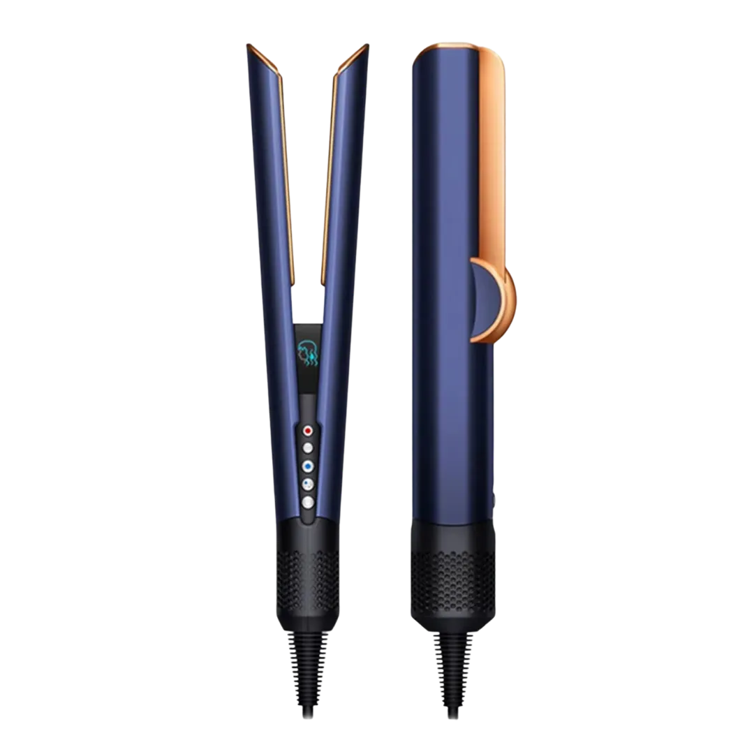 Blue and copper hair straightener with dual heated plates and digital controls on the handle.