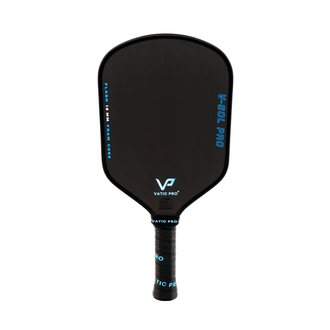 Padel racket/paddle facing forward with black surface and blue branding (Vatic Pro) on handle and blade edges
