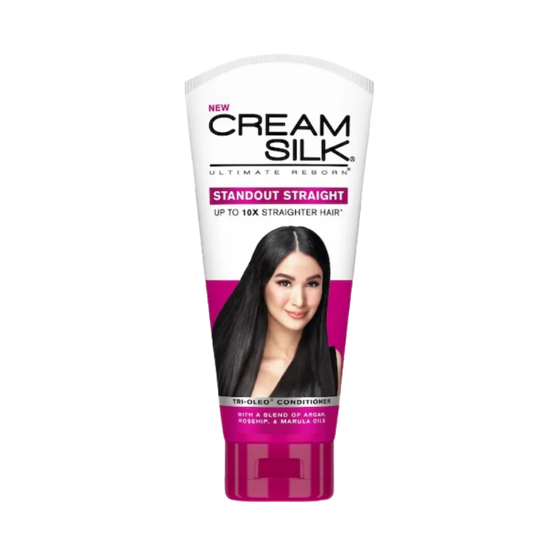 Cream Silk Standout Straight conditioner tube with a smiling woman and pink accents