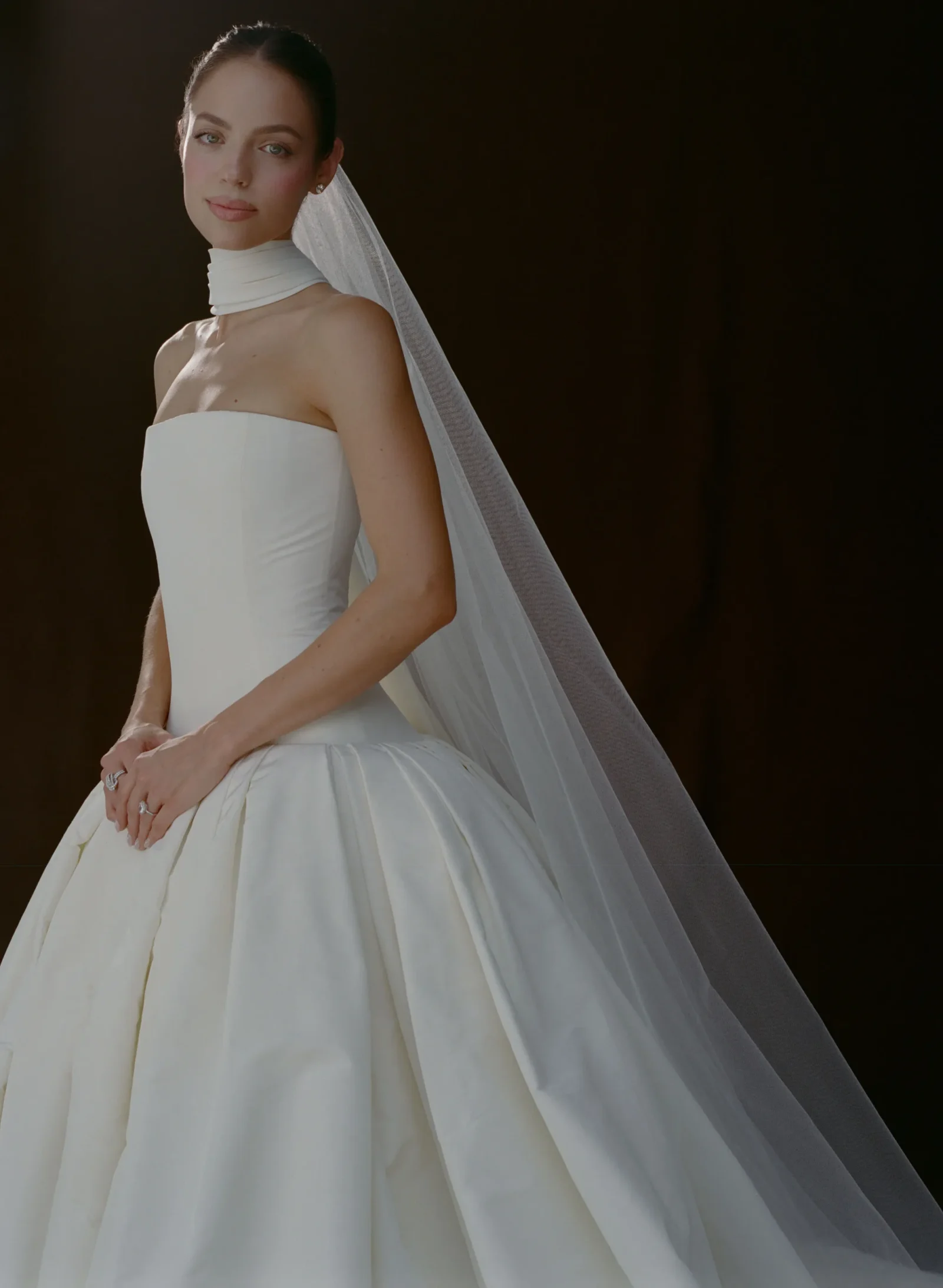 Bride in a strapless white wedding gown with a long veil, standing against a dark background, looking softly at the camera.