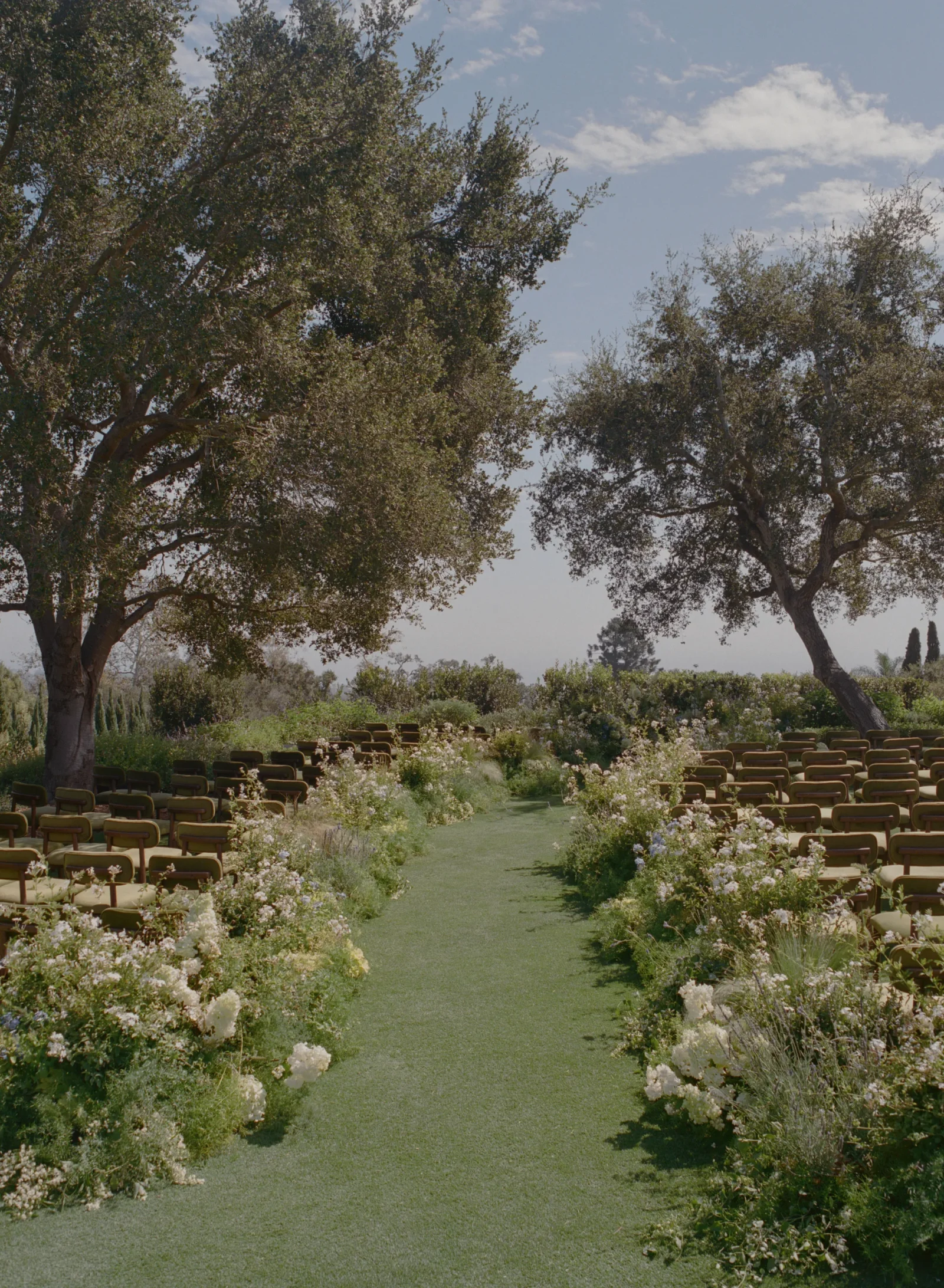 Outdoor garden wedding setup with rows of brown chairs along a grassy aisle edged by white flowers, under trees in bright daylight.