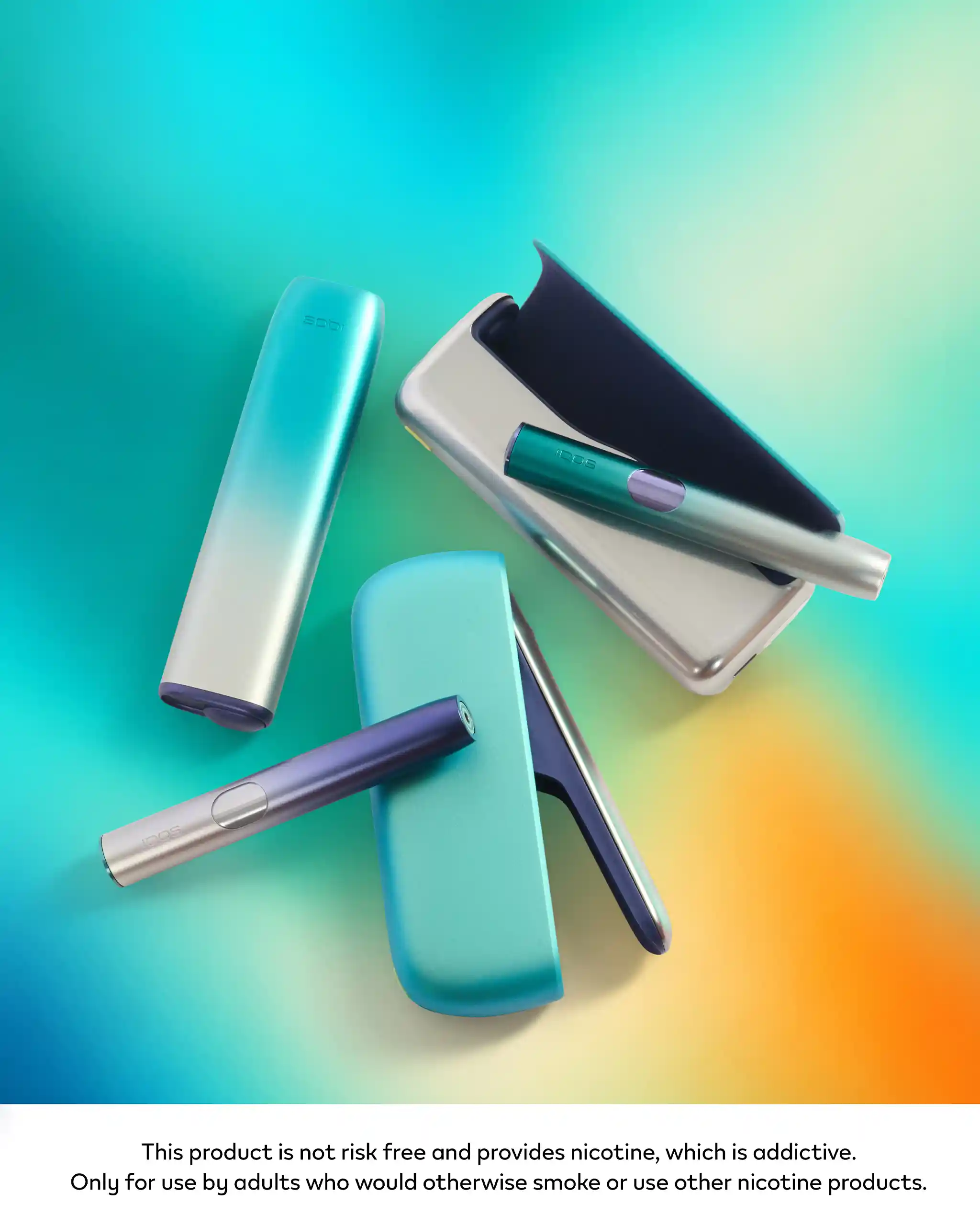 Assorted turquoise vape devices and cartridges arranged on a bright gradient background.