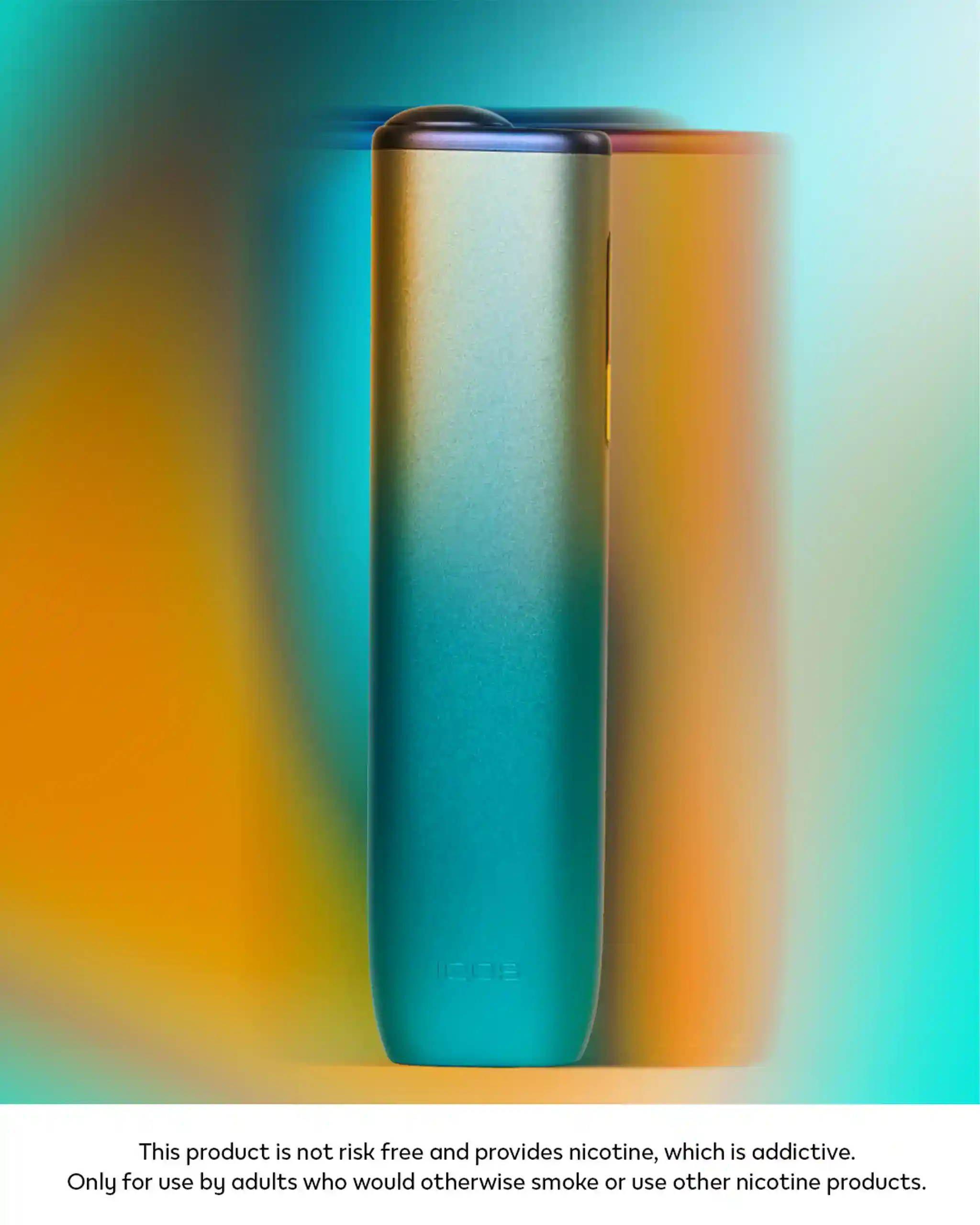 Close-up of a teal vaping device standing upright against a multicolored gradient background.