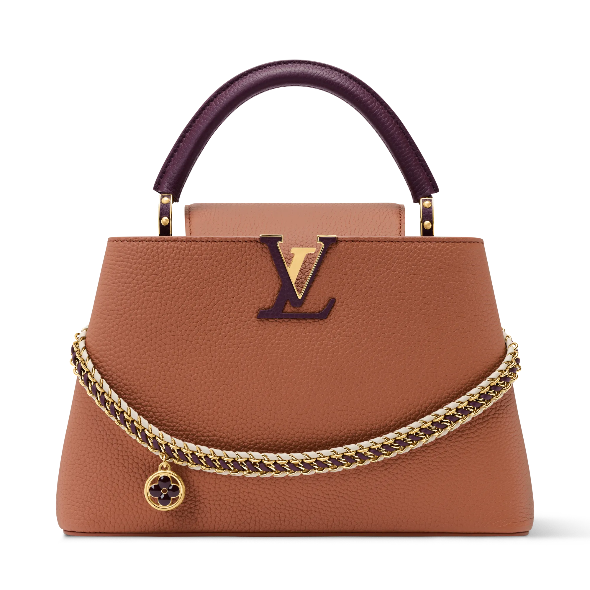 Tan textured leather handbag with a purple curved handle and gold hardware featuring the LV logo on the front