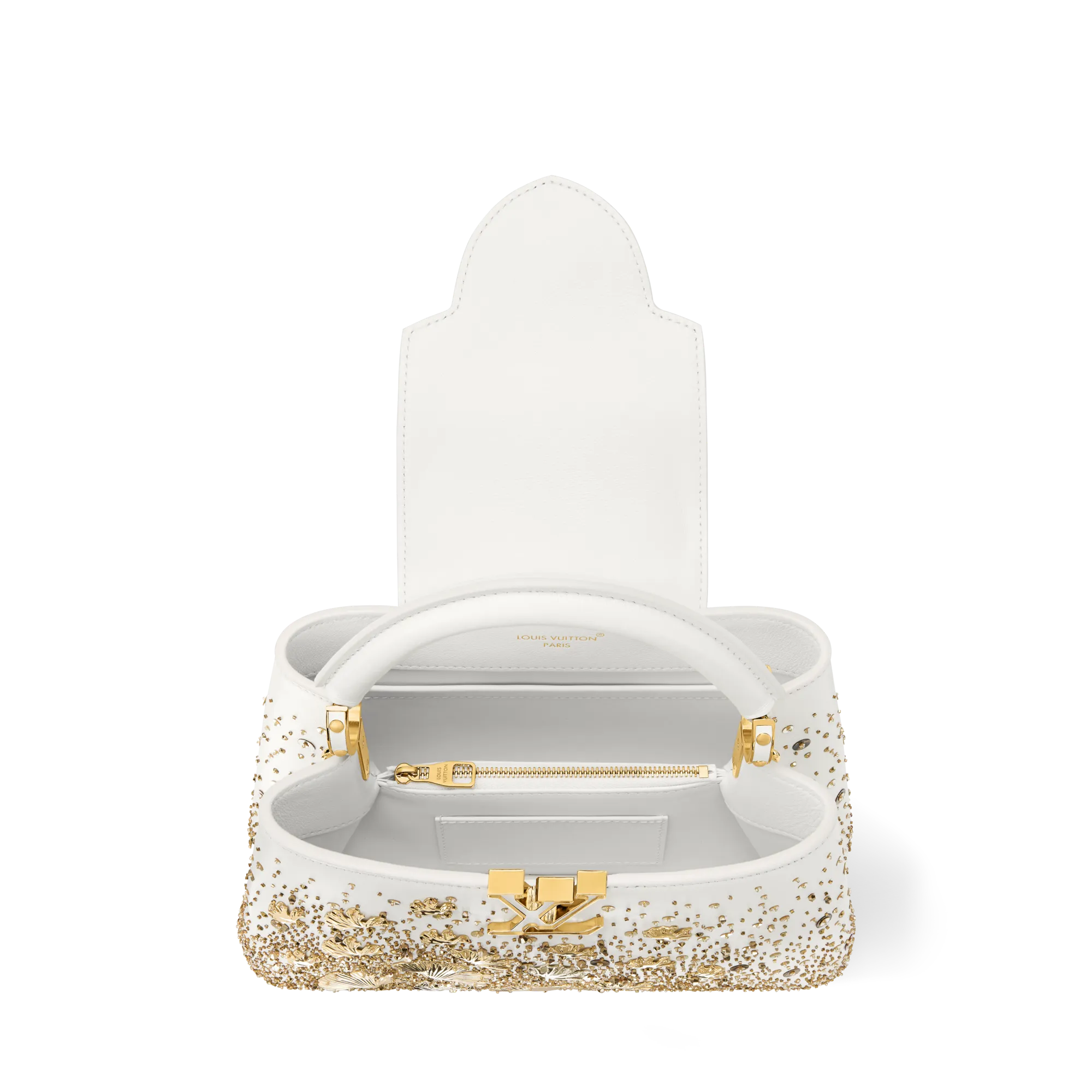 Open white leather handbag with gold hardware and studded detailing, Louis Vuitton, shown with the top open to reveal the interior asset.