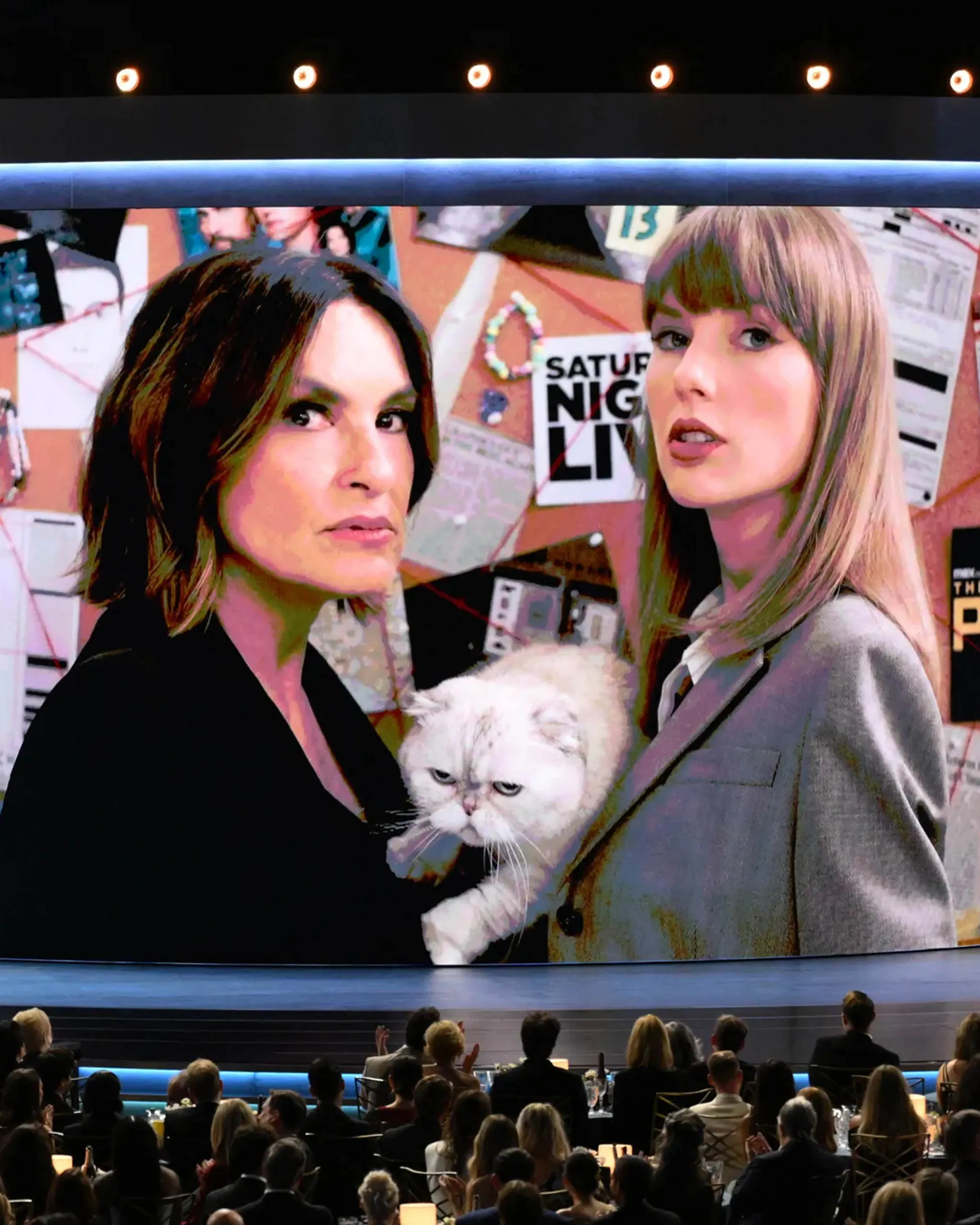 Two women posing on a stage with a fluffy white cat, seen on a large screen overlooking an audience in a dimly lit venue.