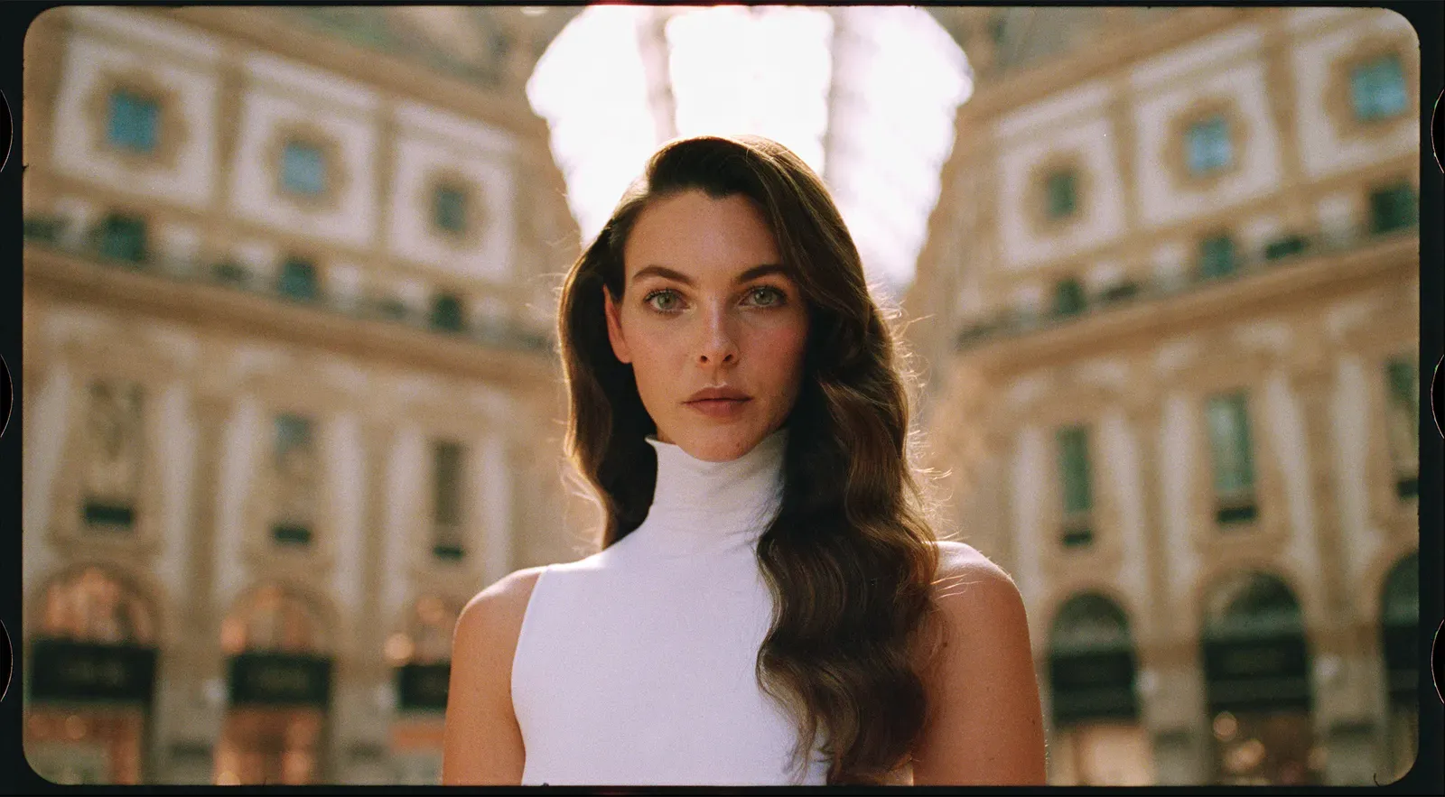 Portrait of a woman with long dark hair in a white high-neck top, posed in front of a grand architectural arcade.