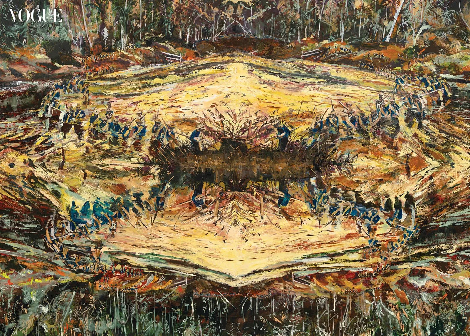Impressionist scene of many blue-clad workers marching around a glowing, crater-like central area in a jungle landscape.
