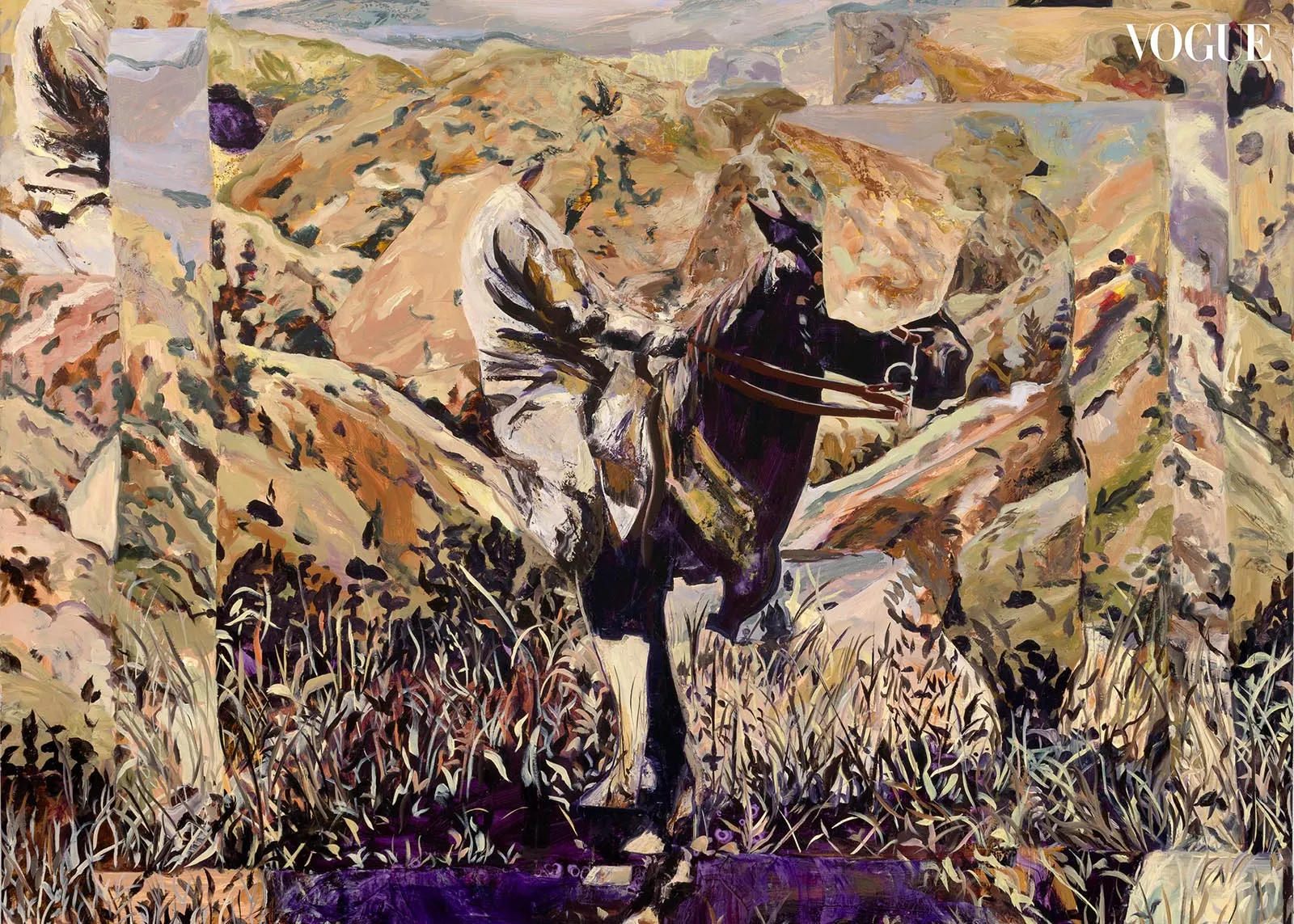 Two horses and a person in a wide-brimmed hat stand on a rocky, sunlit hillside in a bold, impressionistic landscape art style.],