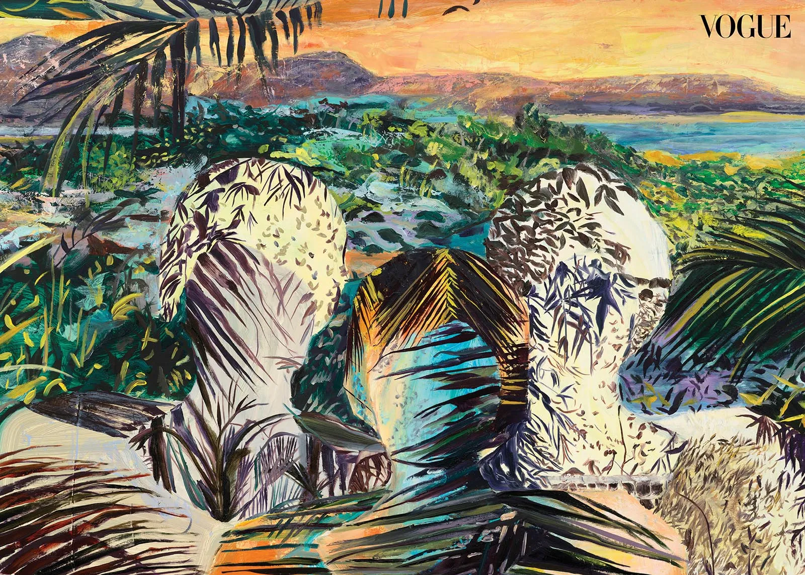 Abstract tropical landscape painting with palm leaves, green undergrowth, and two pale patterned mounds in the foreground; orange sunset sky.