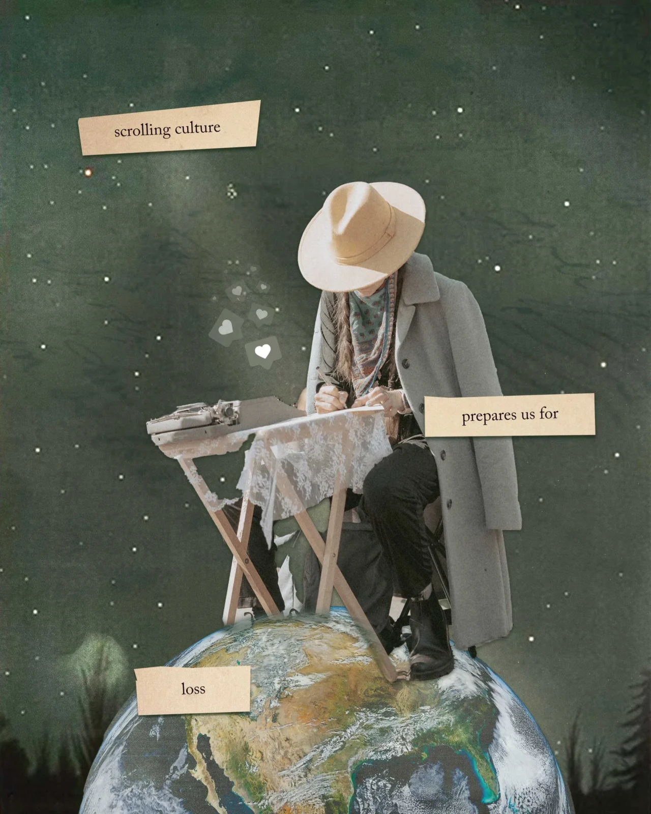 Person in a wide-brimmed hat and coat writing at a vintage typewriter, with beige paper labels reading ‘scrolling culture’, ‘prepares us for’, and ‘loss’ in a collage-style background.
